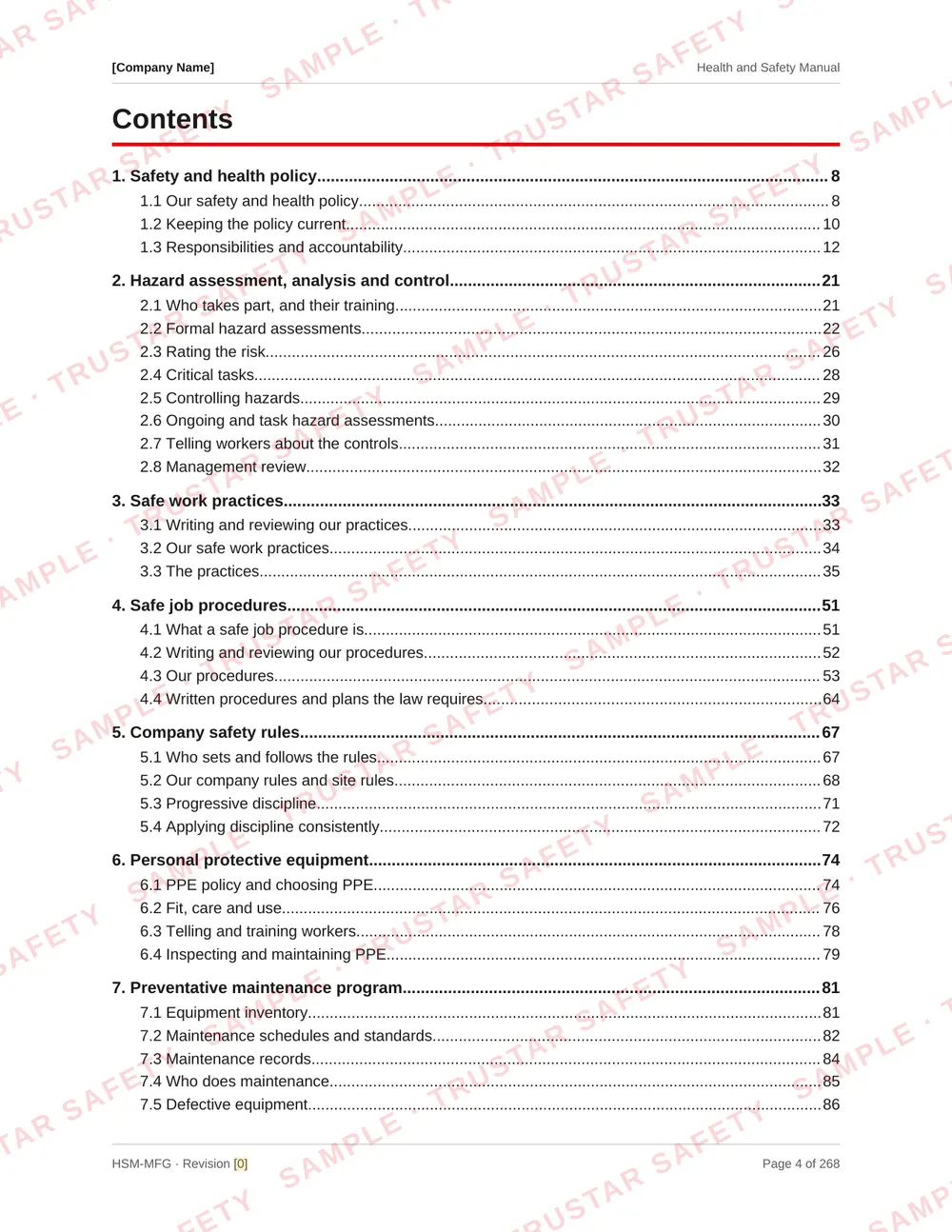 Table of contents of the manufacturing and metal fabrication safety manual template