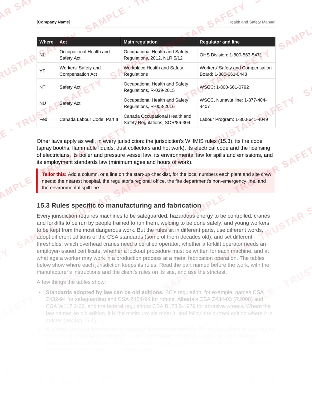 Table of each Canadian jurisdiction's machine guarding and lockout rules from the manufacturing and metal fabrication safety manual template