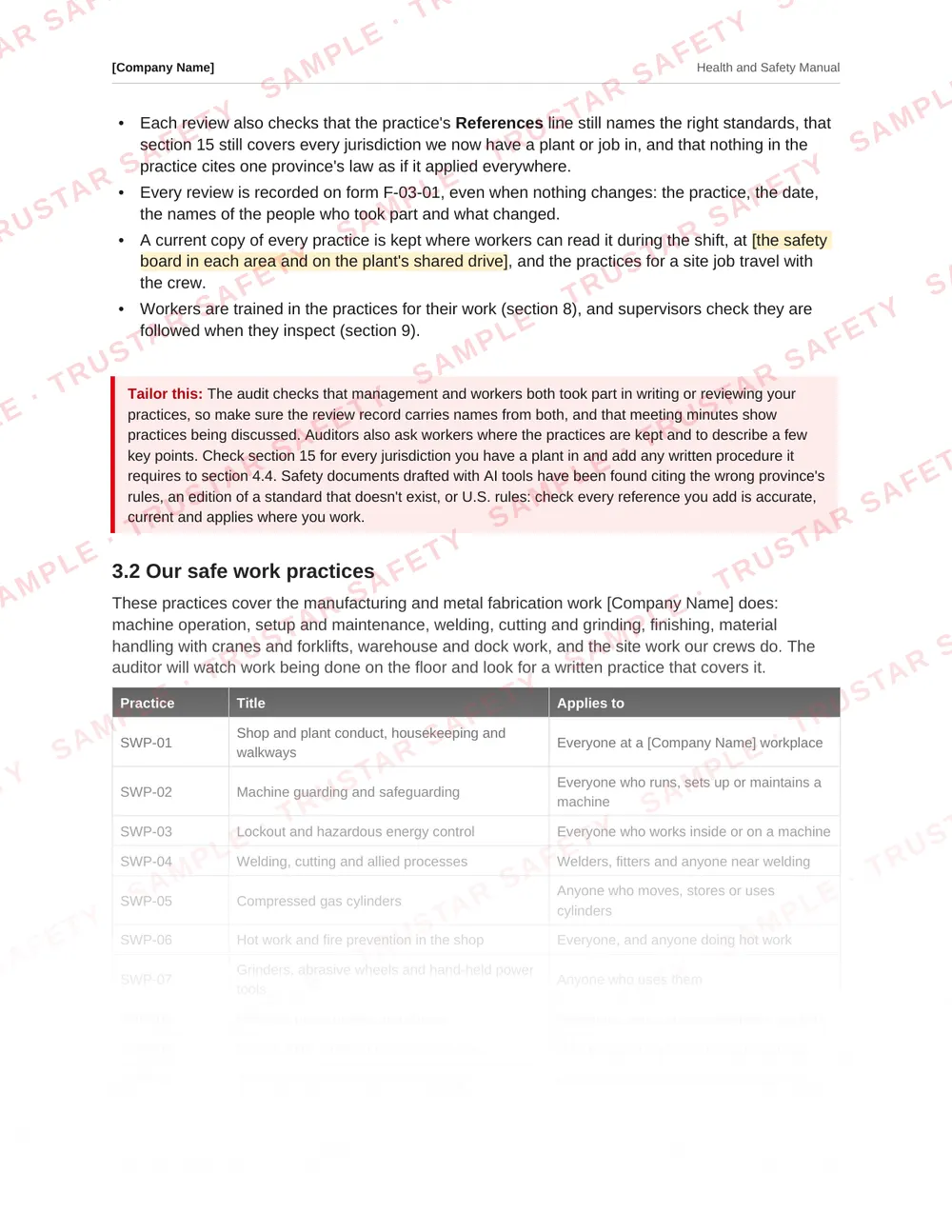 The machine guarding and safeguarding safe work practice from the manufacturing and metal fabrication safety manual template