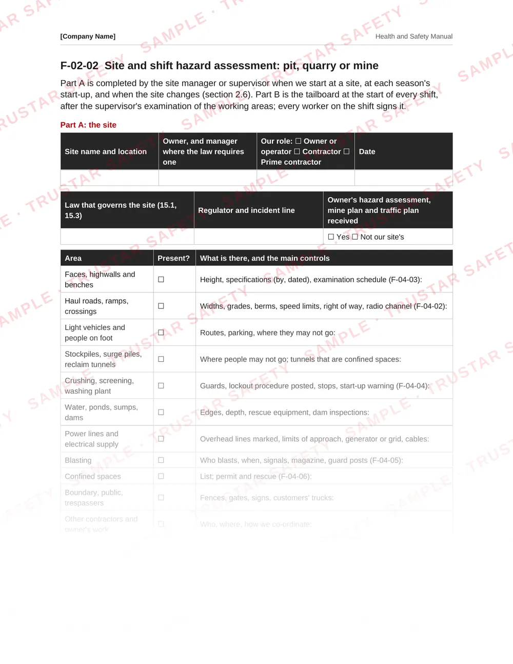 Blast area clearance record from the mining and quarrying safety manual template