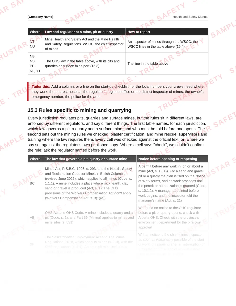Table of each Canadian jurisdiction's mining and quarrying rules from the mining and quarrying safety manual template