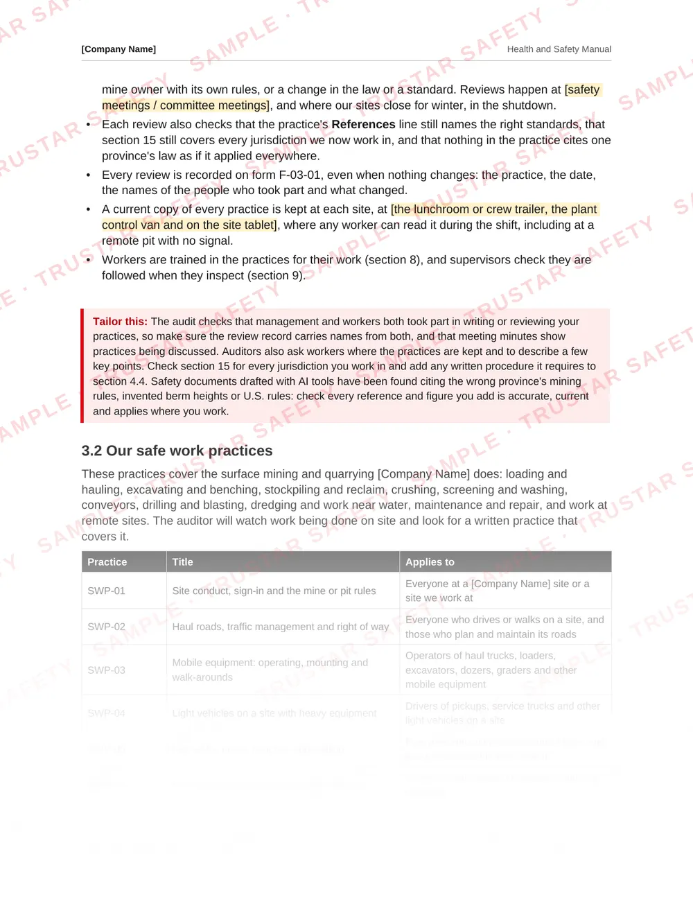 The highwalls, faces, benches and scaling safe work practice from the mining and quarrying safety manual template