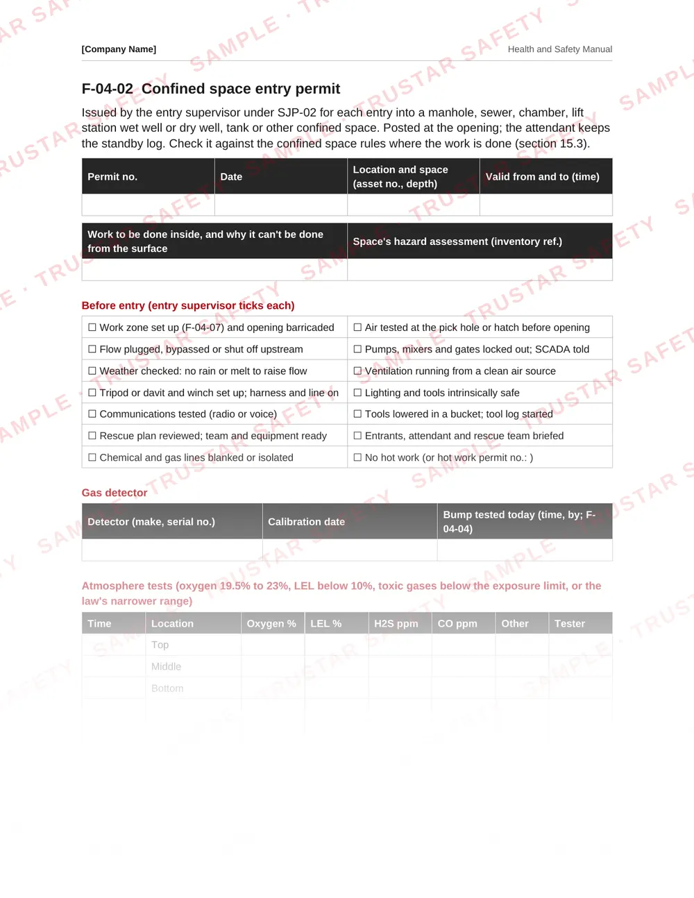 Confined space entry permit and standby log from the municipal and public works safety manual template