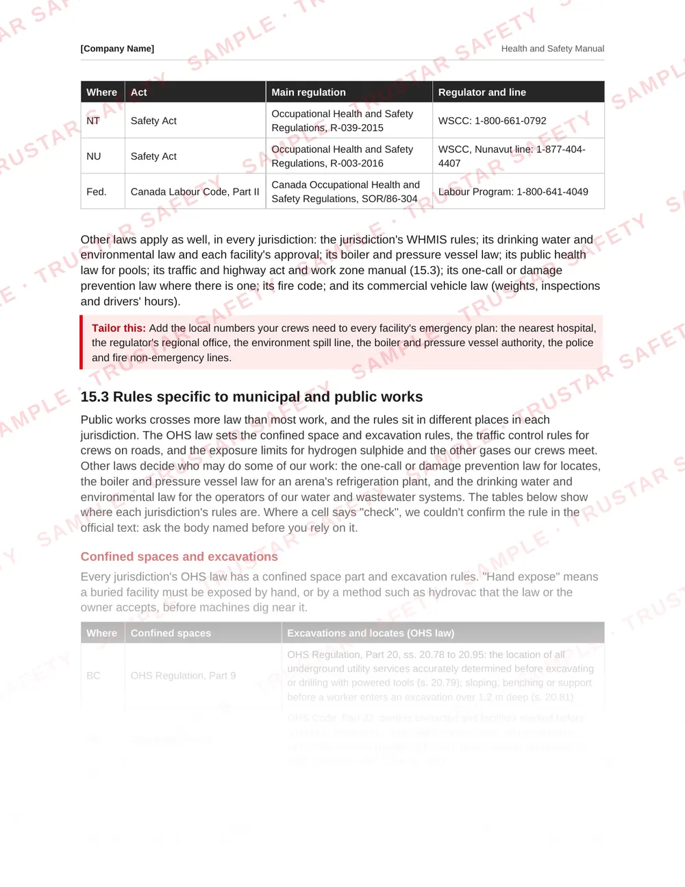 Table of each Canadian jurisdiction's rules from the municipal and public works safety manual template