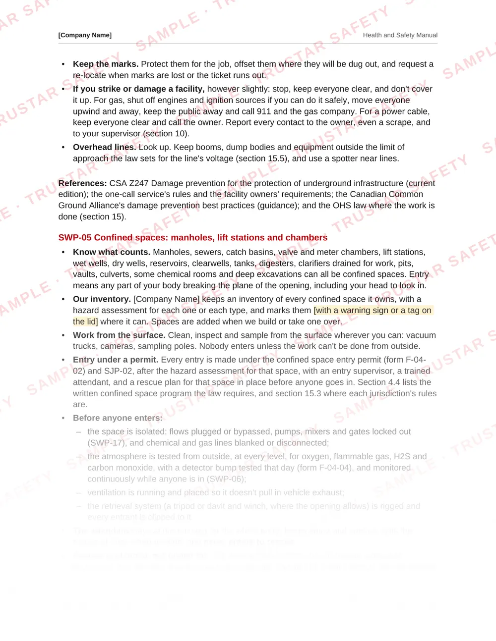 The confined space safe work practice from the municipal and public works safety manual template