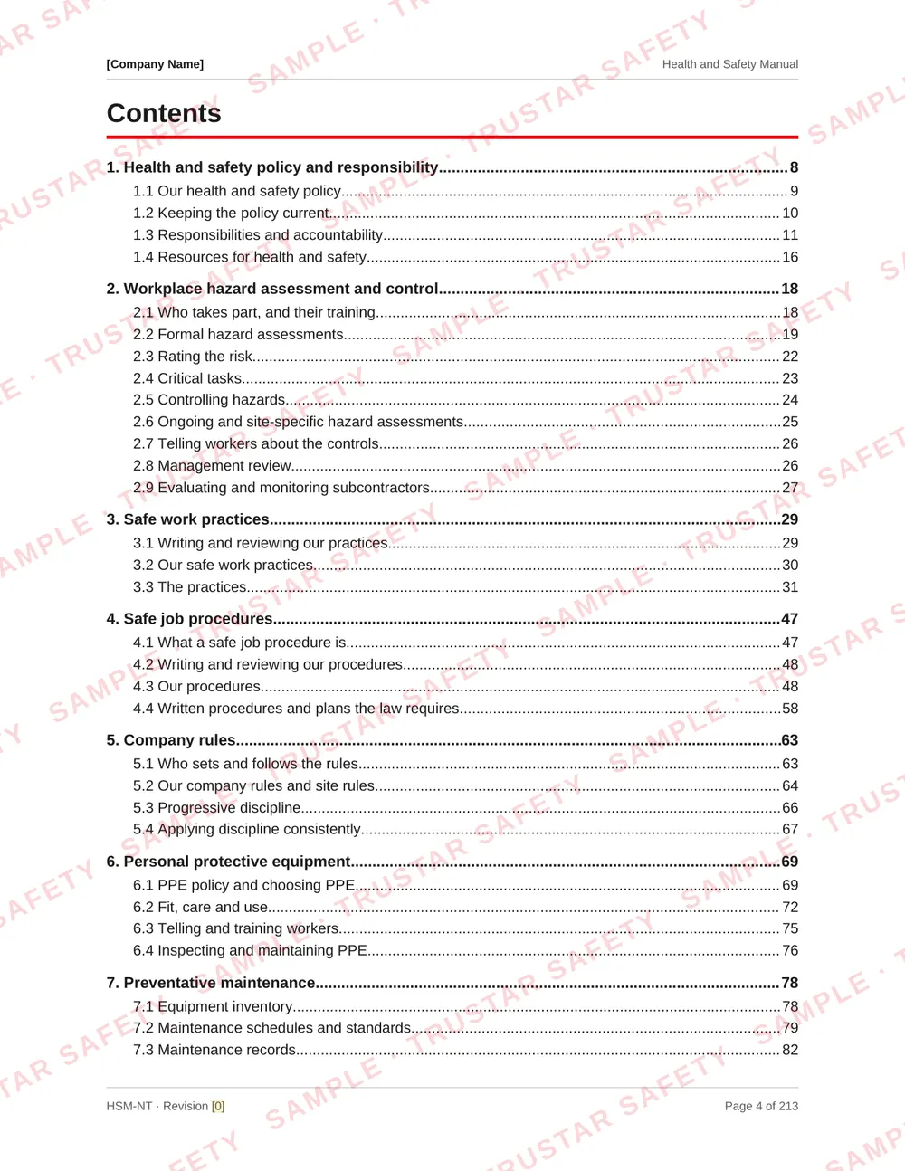 Table of contents of the Northwest Territories COR safety manual template, laid out by NSA COR audit section including return to work and substance abuse prevention