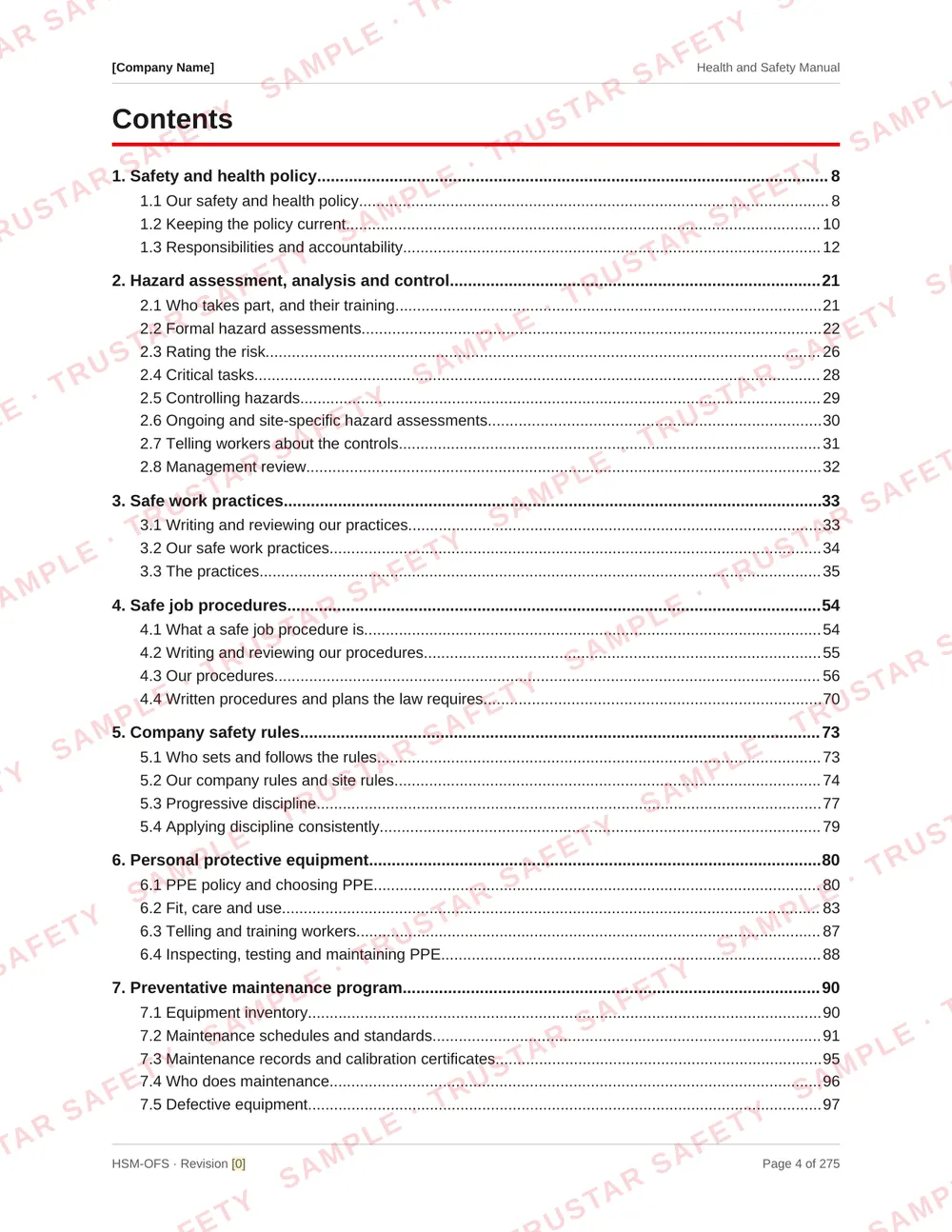 Table of contents of the oilfield services safety manual template