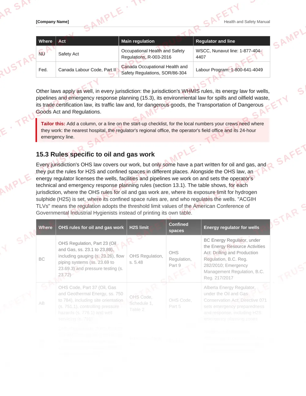Table of each Canadian jurisdiction's oil and gas rules from the oilfield services safety manual template
