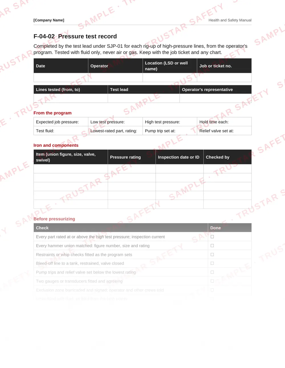A form from the oilfield services safety manual template
