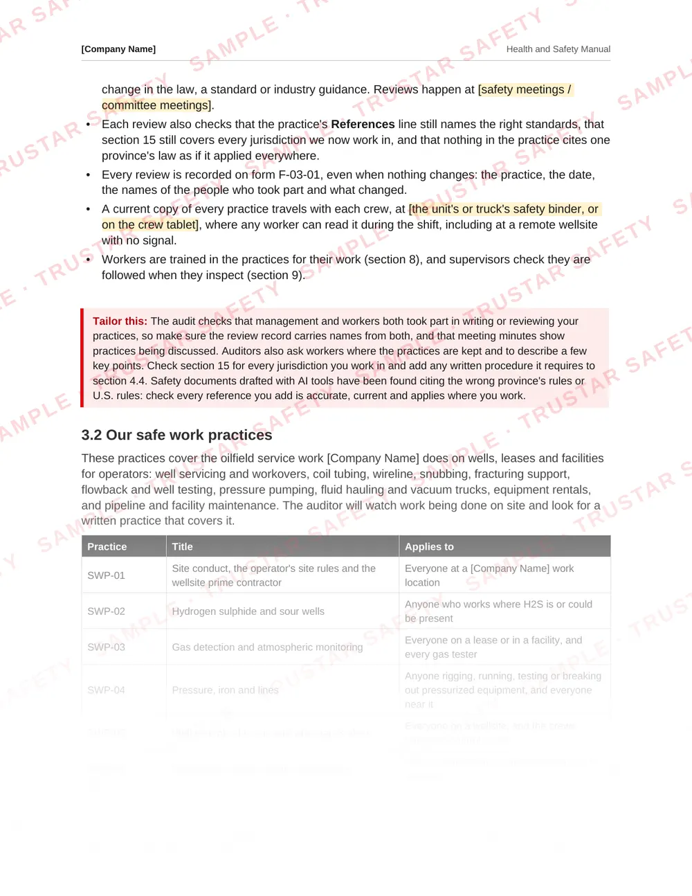 The pressure, iron and lines safe work practice from the oilfield services safety manual template