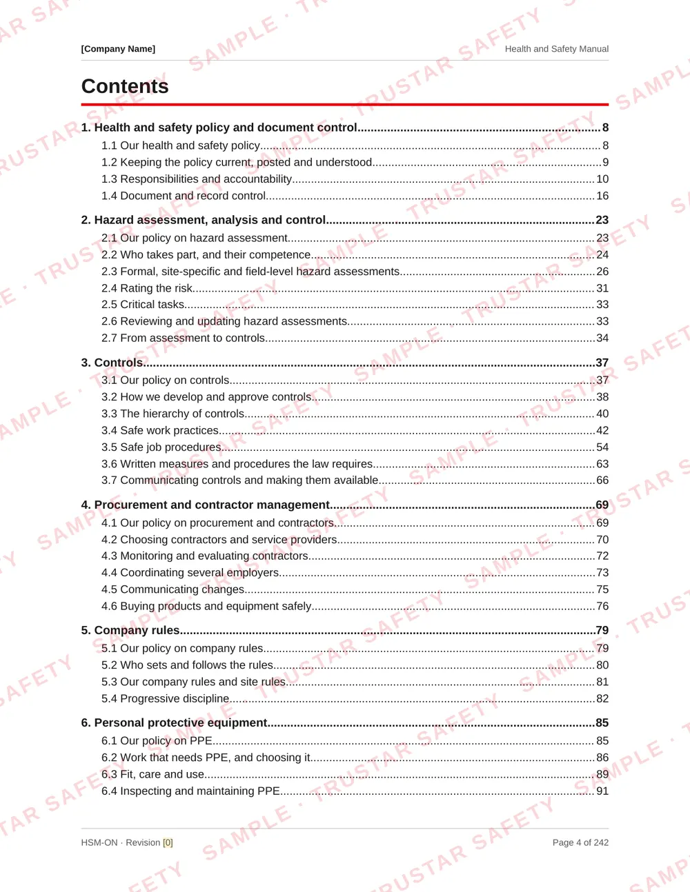 Table of contents of the Ontario COR safety manual template, laid out by IHSA COR 2020 element