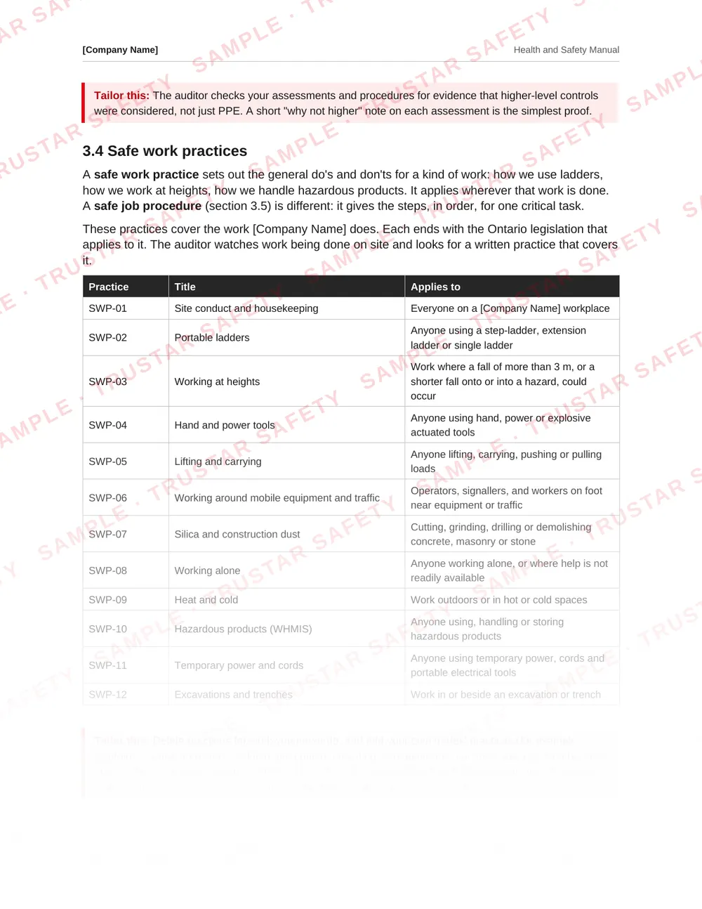 List of safe work practices from the Ontario safety manual template, including ladders, working at heights and silica