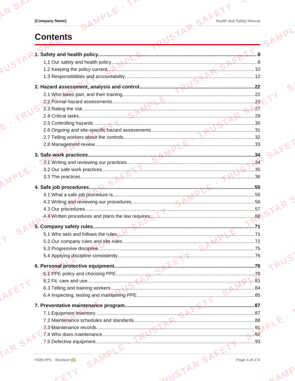 Table of contents of the pipeline construction safety manual template