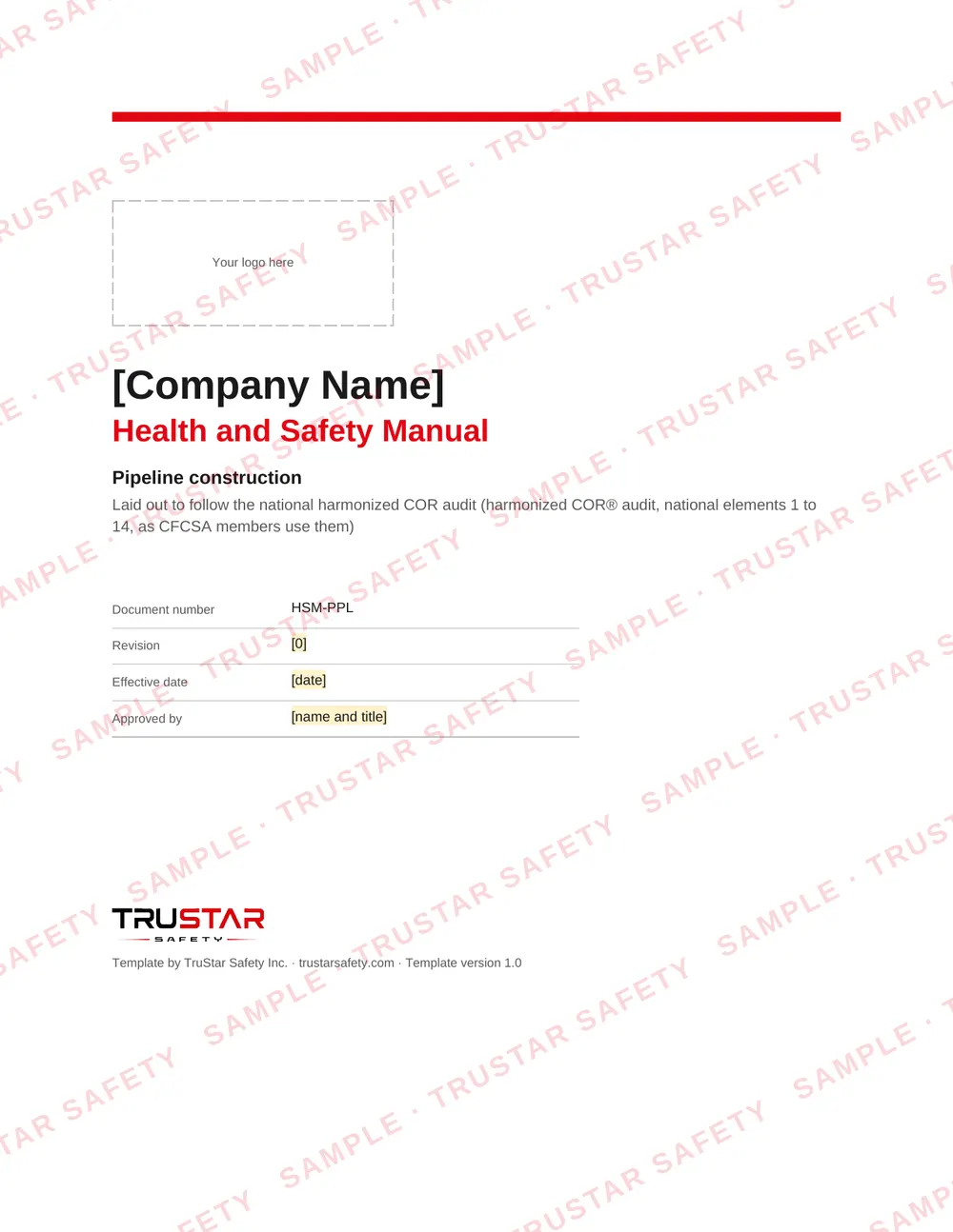 Cover of the pipeline construction safety manual template, with a logo box and the company name field