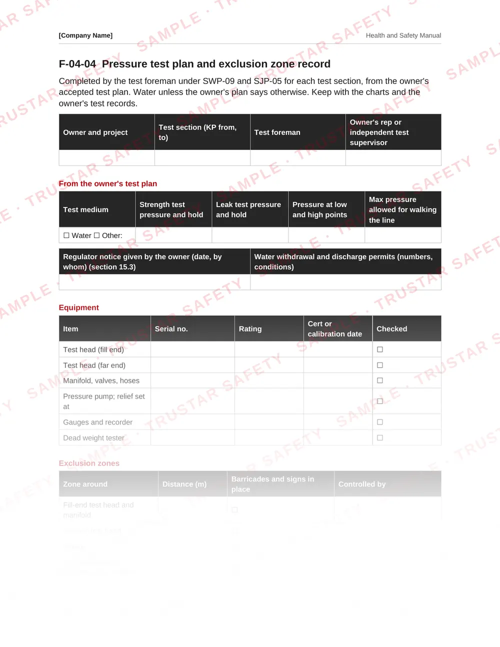 Pressure test plan and exclusion zone record from the pipeline construction safety manual template
