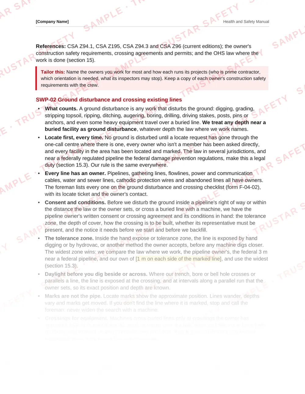 The ground disturbance and crossing existing lines safe work practice from the pipeline construction safety manual template