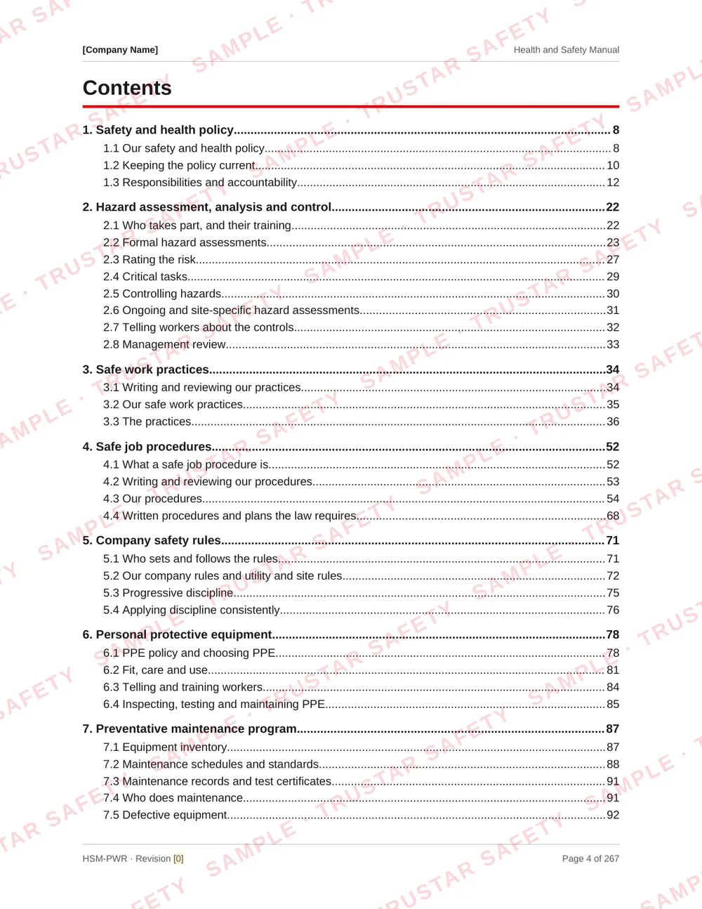 Table of contents of the powerline and utility construction safety manual template