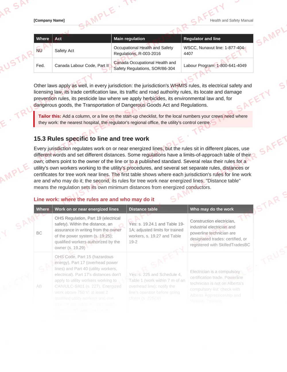 Table of each Canadian jurisdiction's line and tree work rules from the powerline and utility construction safety manual template
