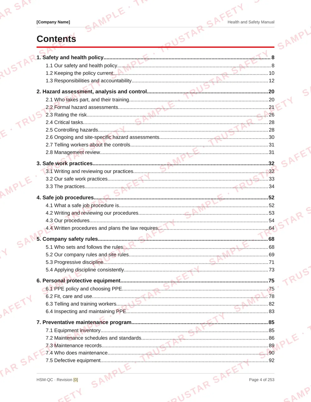 Table of contents of the Quebec safety manual template, laid out on the 14 national COR elements with a section of Quebec requirements