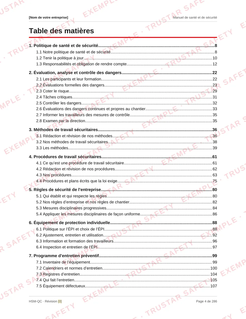 Table of contents of the French edition of the Quebec safety manual template