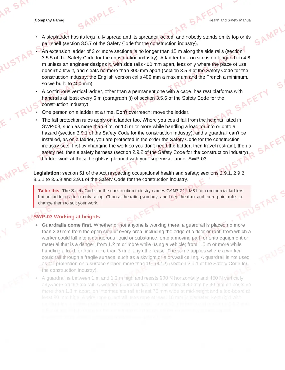 The portable ladders safe work practice from the Quebec safety manual template, each rule cited to the Safety Code for the construction industry