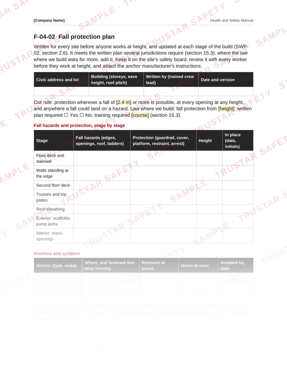 Fall protection plan form from the residential construction and framing safety manual template