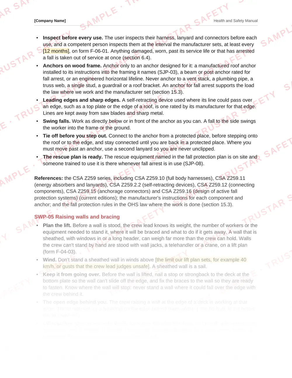 The fall arrest and raising walls safe work practices from the residential construction and framing safety manual template