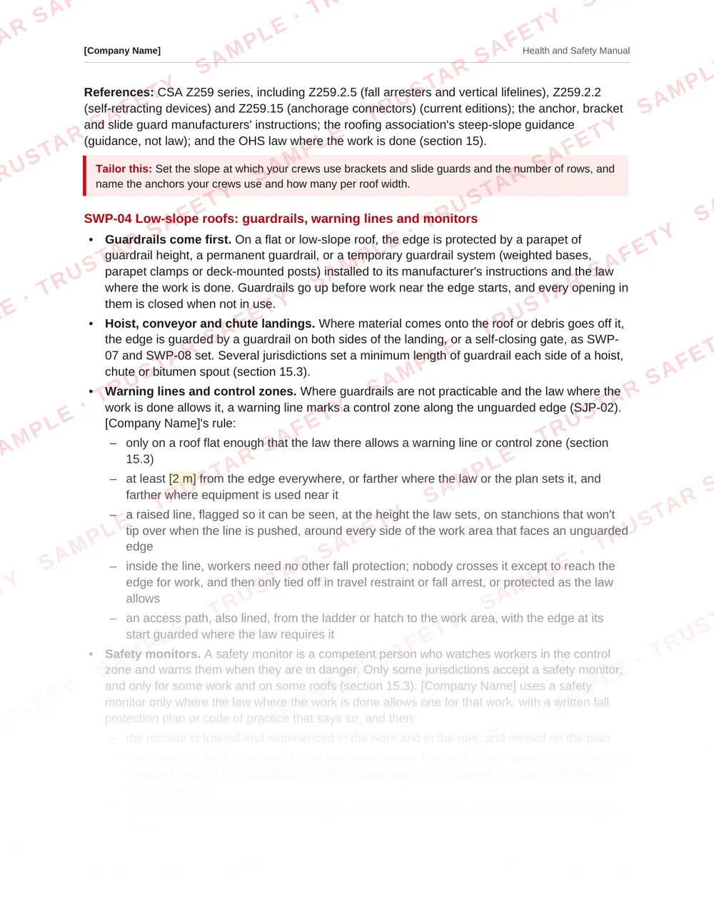 The low-slope roof fall protection safe work practice from the roofing safety manual template