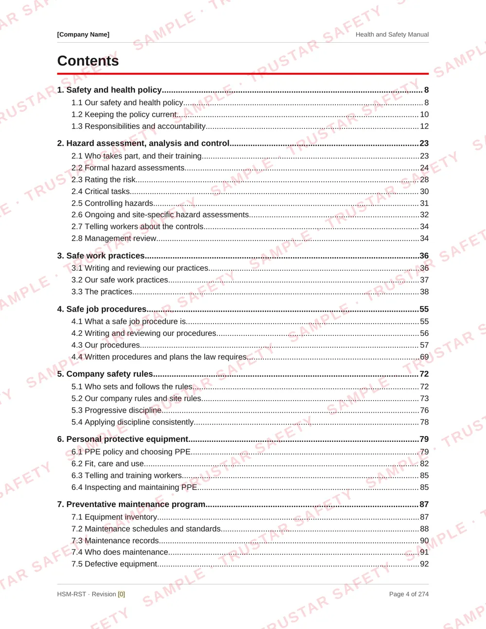 Table of contents of the restoration and renovation safety manual template