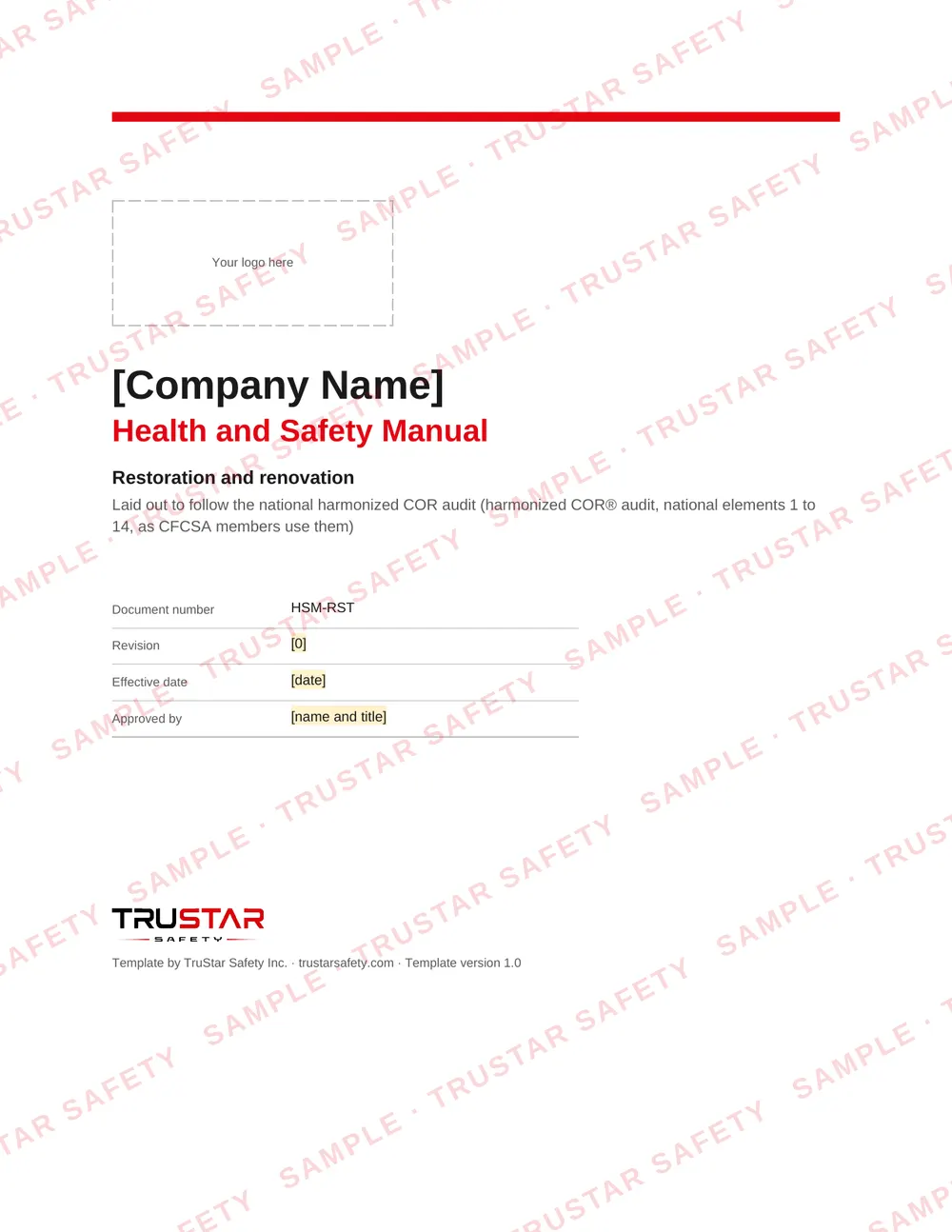 Cover of the restoration and renovation safety manual template, with a logo box and the company name field
