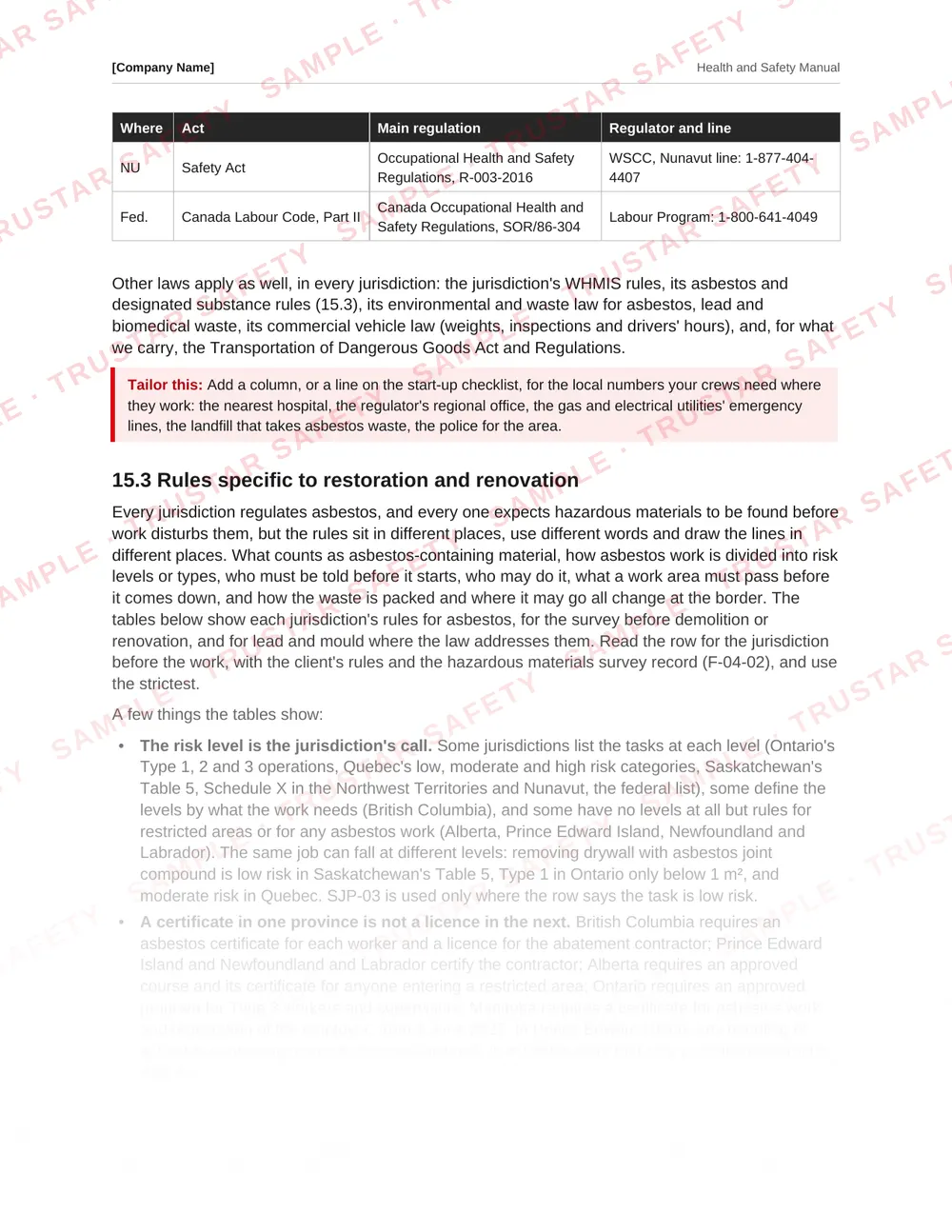 Table of each Canadian jurisdiction's asbestos and hazardous materials rules from the restoration and renovation safety manual template