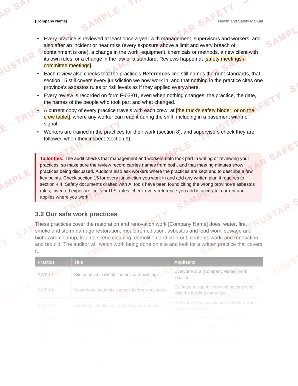 The asbestos safe work practice from the restoration and renovation safety manual template