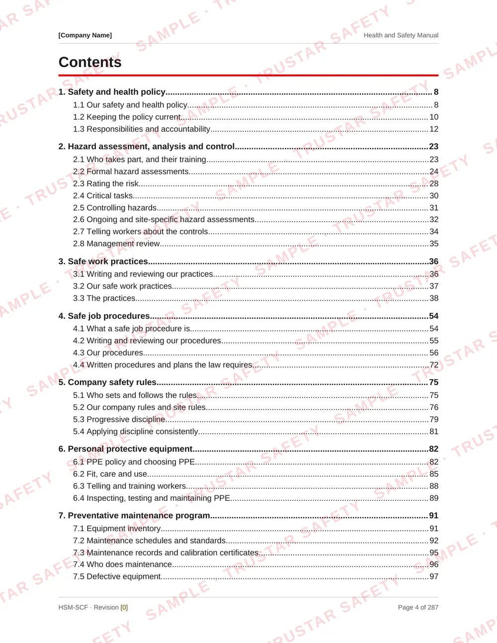 Table of contents of the scaffolding and industrial insulation safety manual template