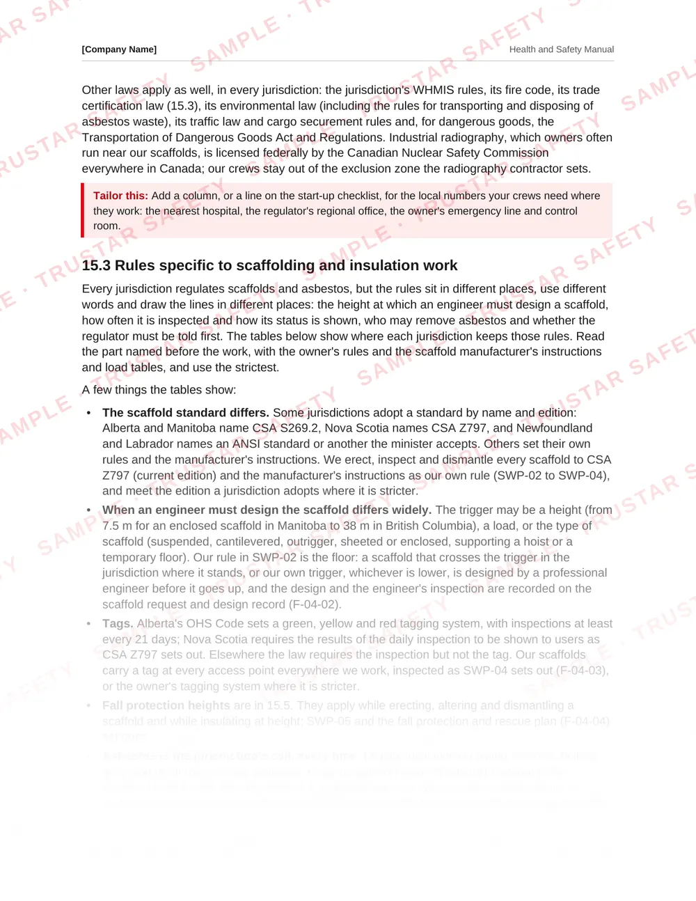 Table of each Canadian jurisdiction's scaffold rules from the scaffolding and industrial insulation safety manual template