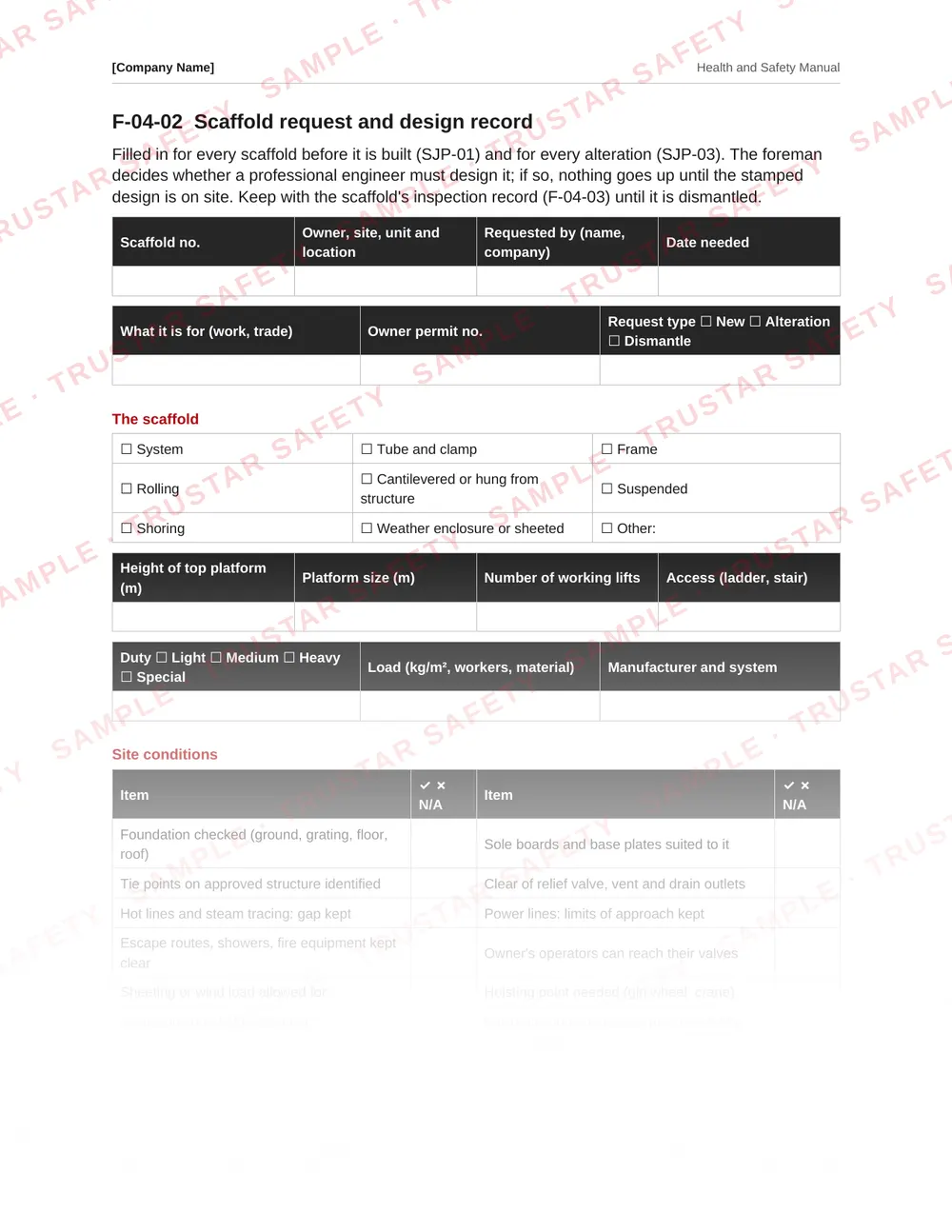 Scaffold inspection and tag record from the scaffolding and industrial insulation safety manual template
