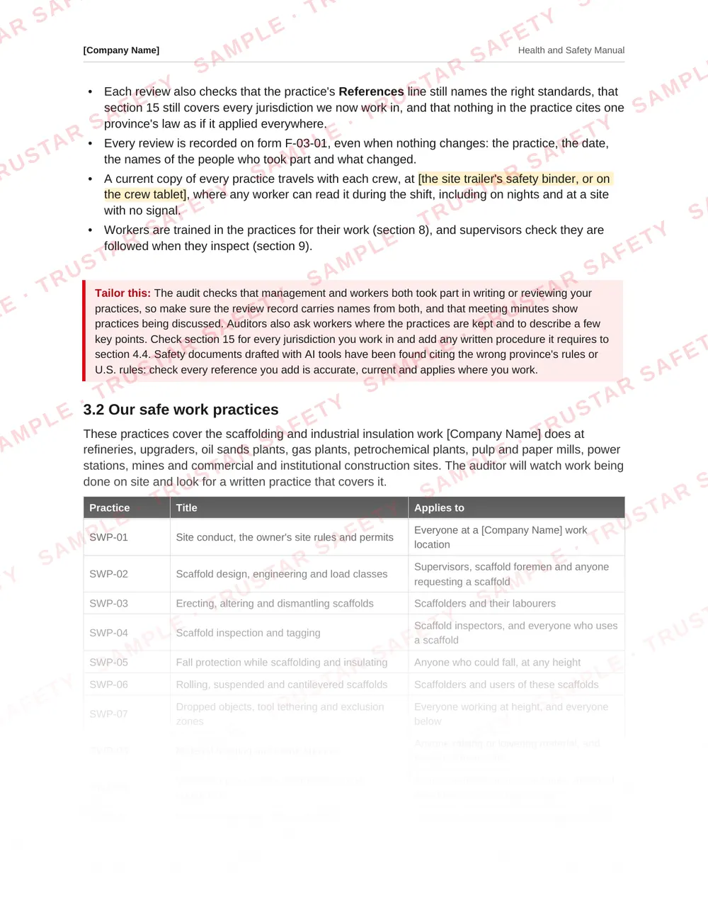 The scaffold inspection and tagging safe work practice from the scaffolding and industrial insulation safety manual template