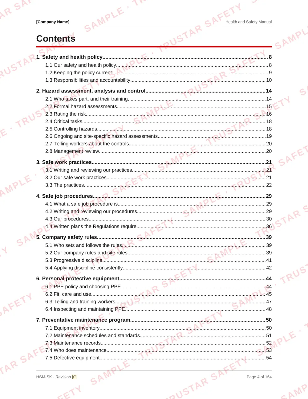 Table of contents of the Saskatchewan COR safety manual template, laid out by SCSA COR element including SS1 to SS3