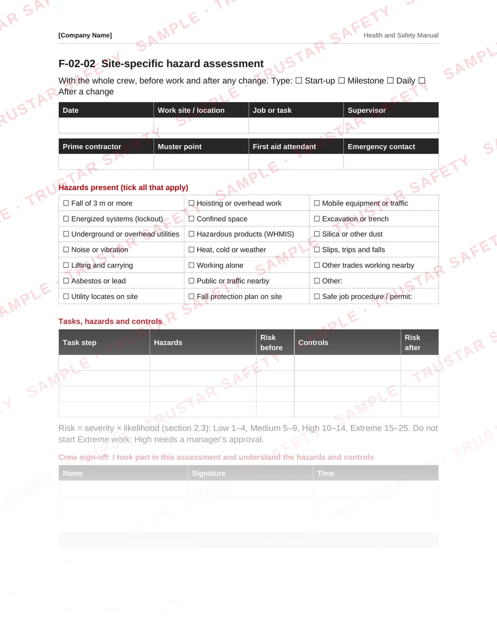 Site-specific hazard assessment form from the Saskatchewan safety manual template