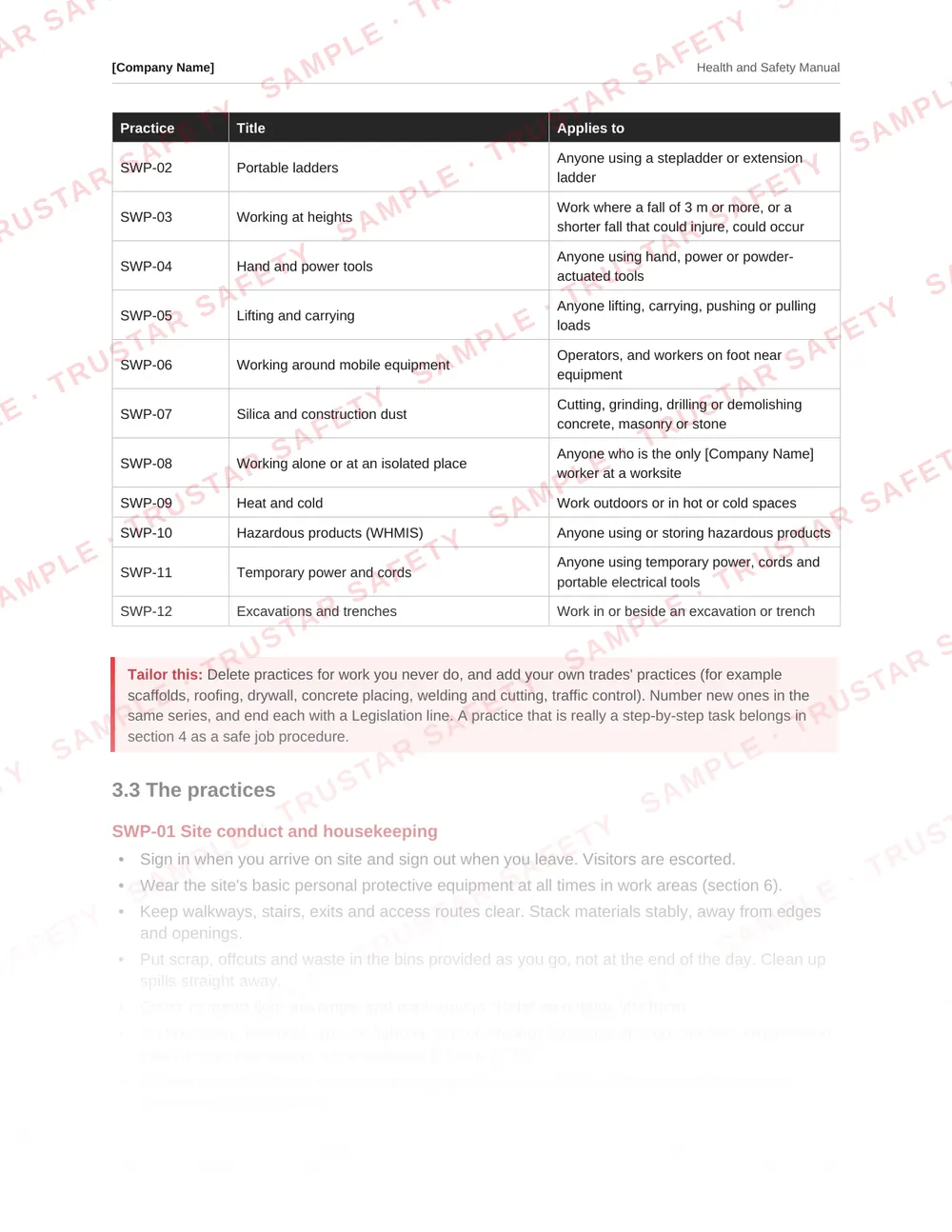 List of safe work practices from the Saskatchewan safety manual template, including ladders, working at heights and silica
