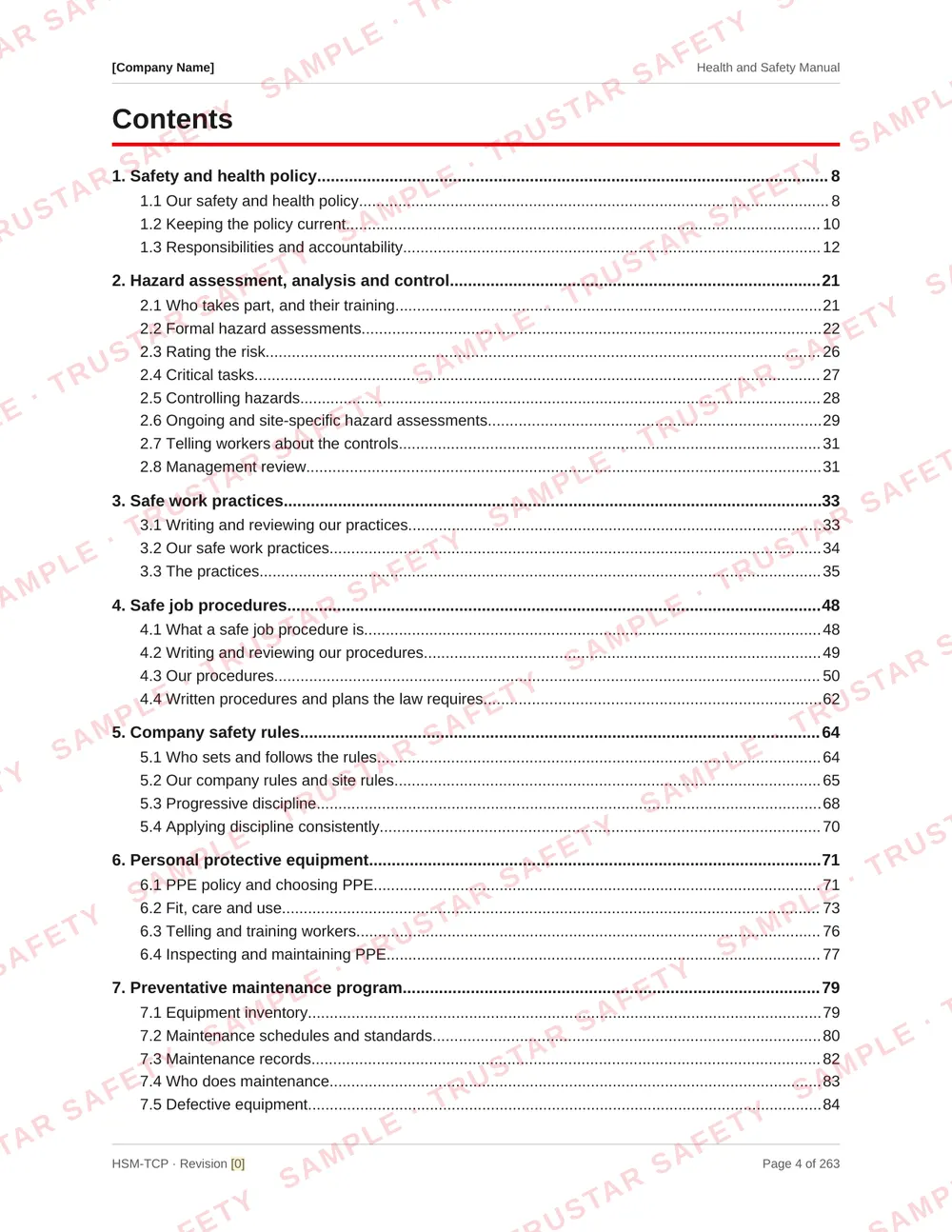 Table of contents of the traffic control and flagging safety manual template
