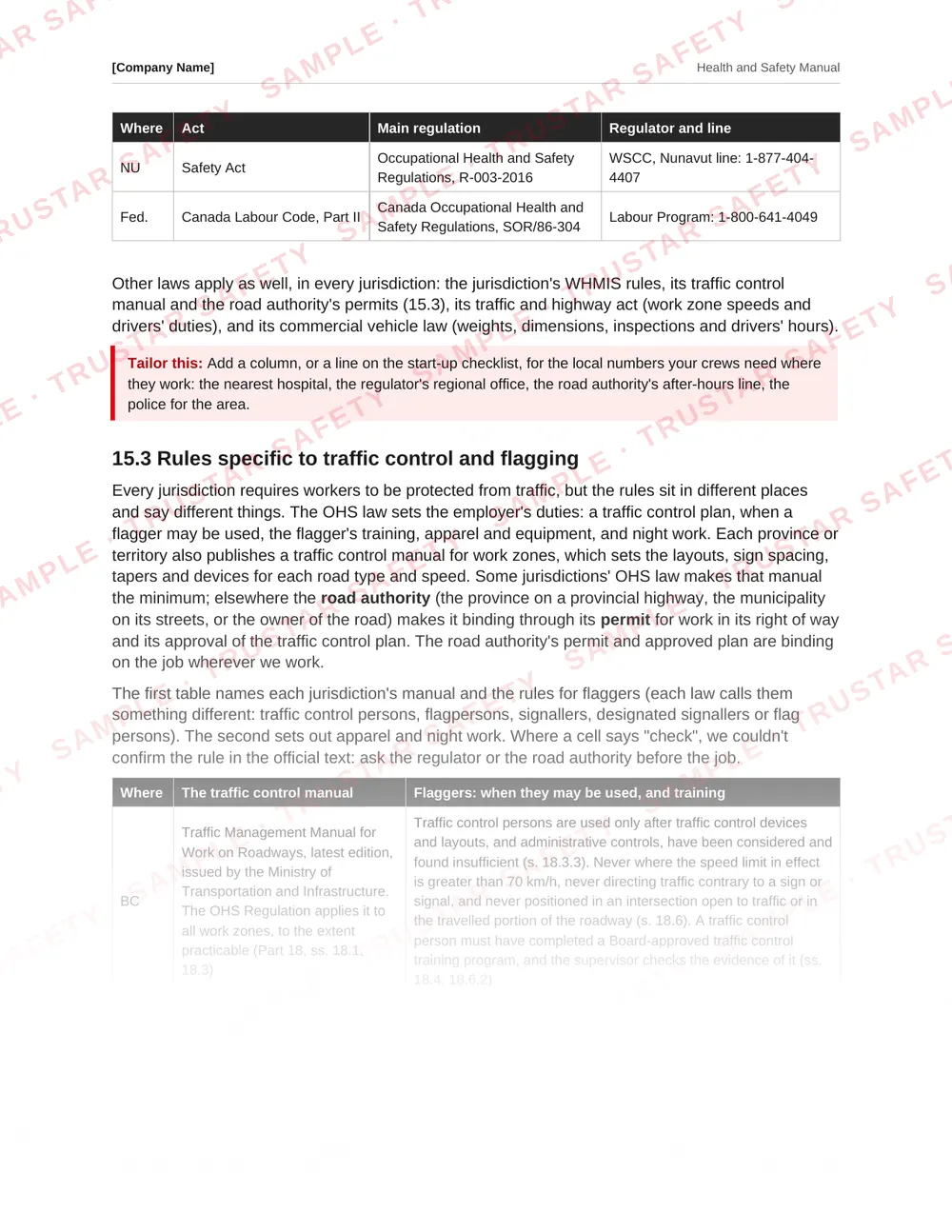 Table of each Canadian jurisdiction's rules from the traffic control and flagging safety manual template