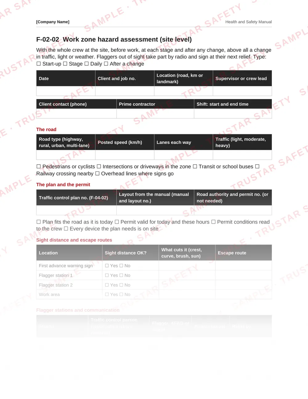 Traffic control plan record and set-up checklist from the traffic control and flagging safety manual template