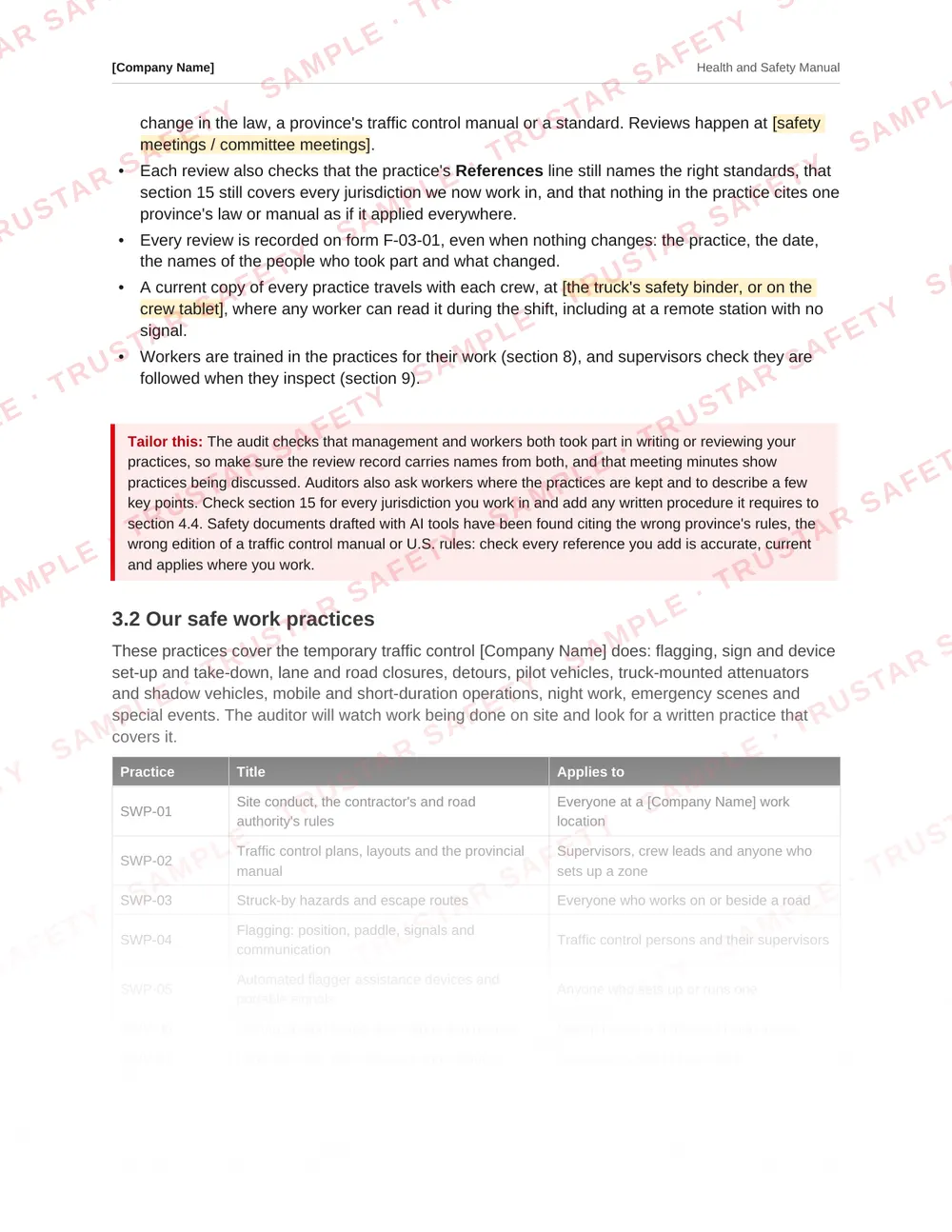 The flagging safe work practice from the traffic control and flagging safety manual template