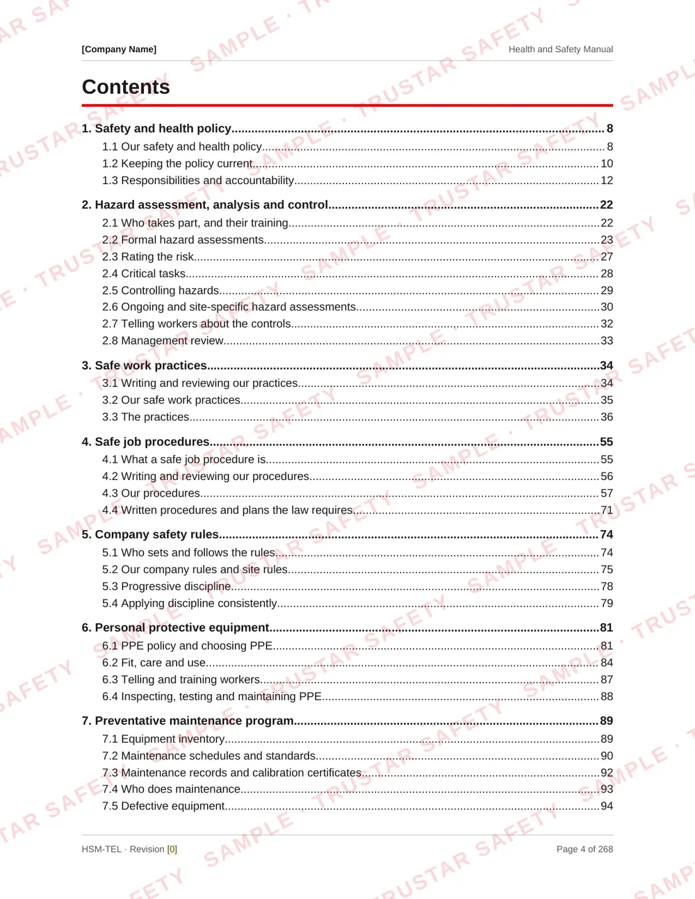 Table of contents of the telecom tower and rooftop safety manual template