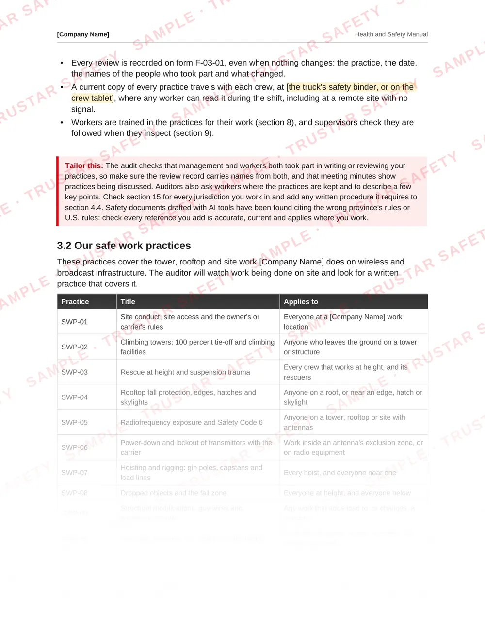 The climbing towers safe work practice from the telecom tower and rooftop safety manual template