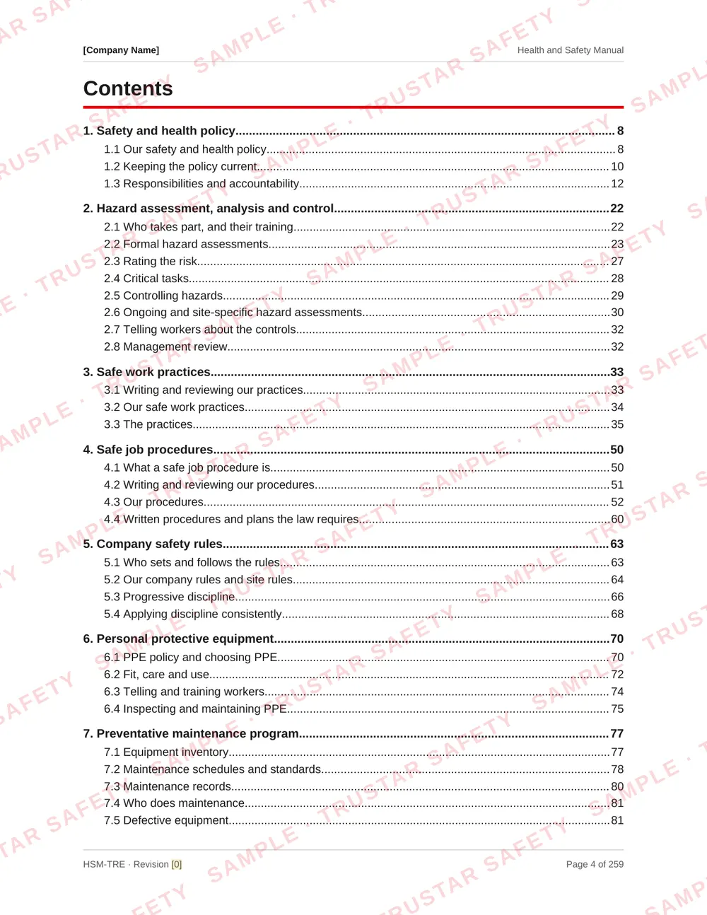 Table of contents of the tree care and arborist safety manual template