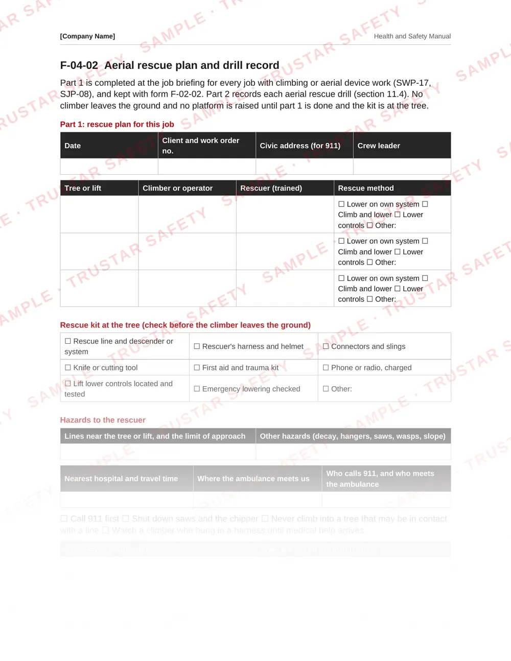 Aerial rescue plan and drill record from the tree care and arborist safety manual template
