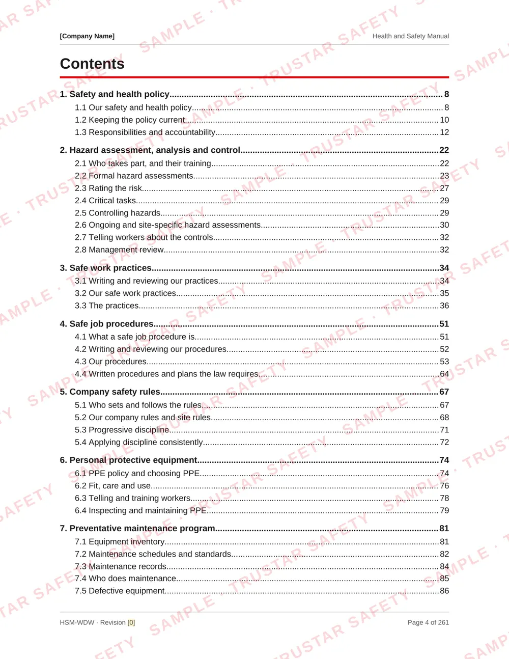 Table of contents of the woodworking and cabinetmaking safety manual template