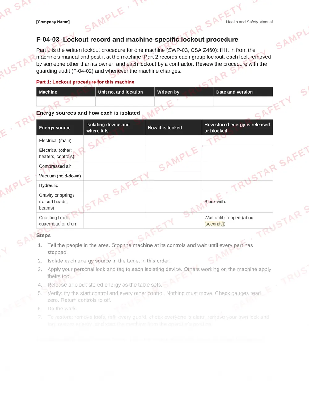 Lockout record and machine-specific lockout procedure form from the woodworking and cabinetmaking safety manual template