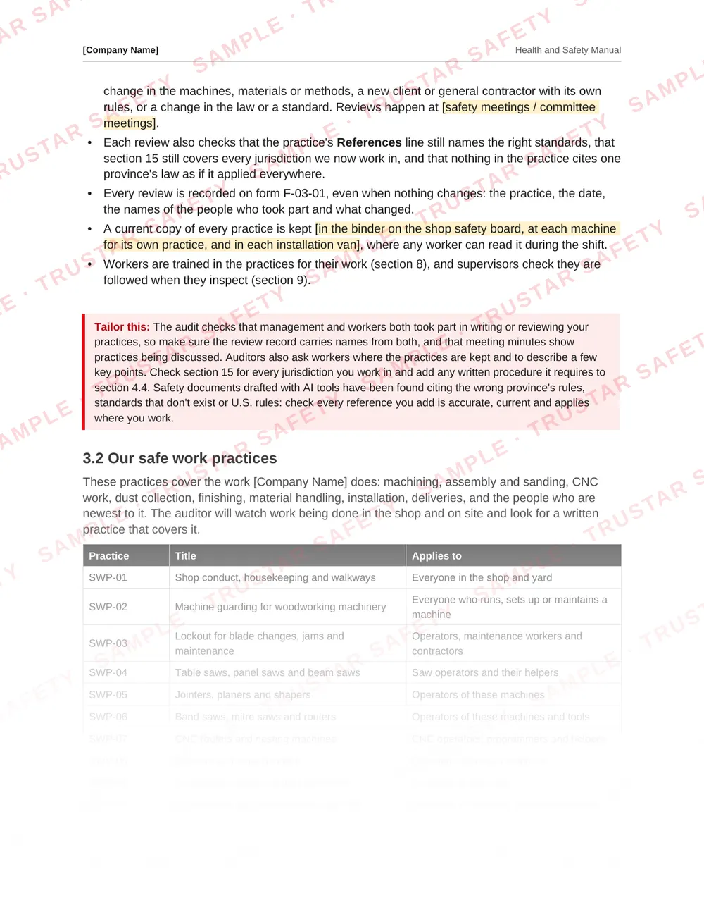 The table saw safe work practice from the woodworking and cabinetmaking safety manual template